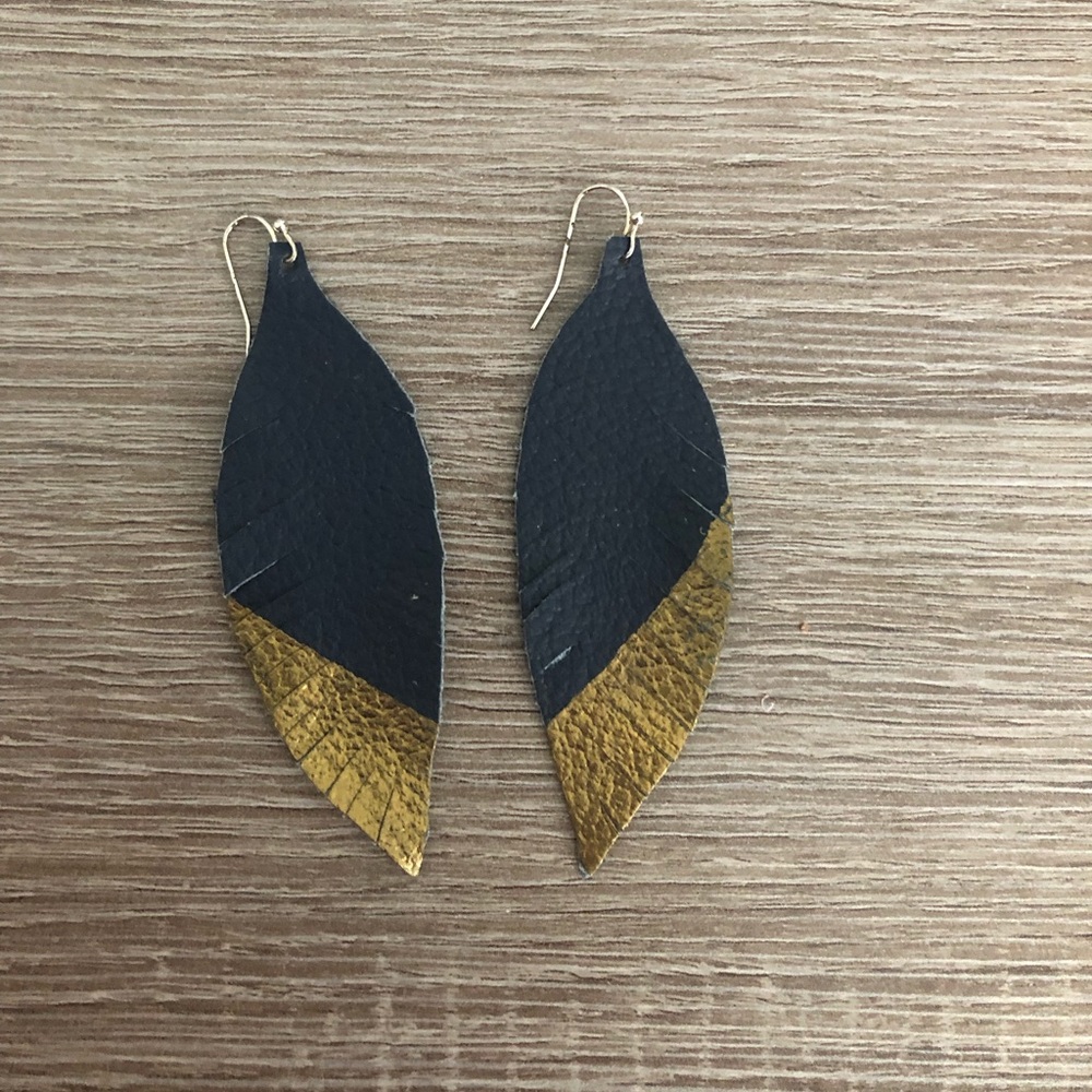 Navy and gold feather hand painted earrings